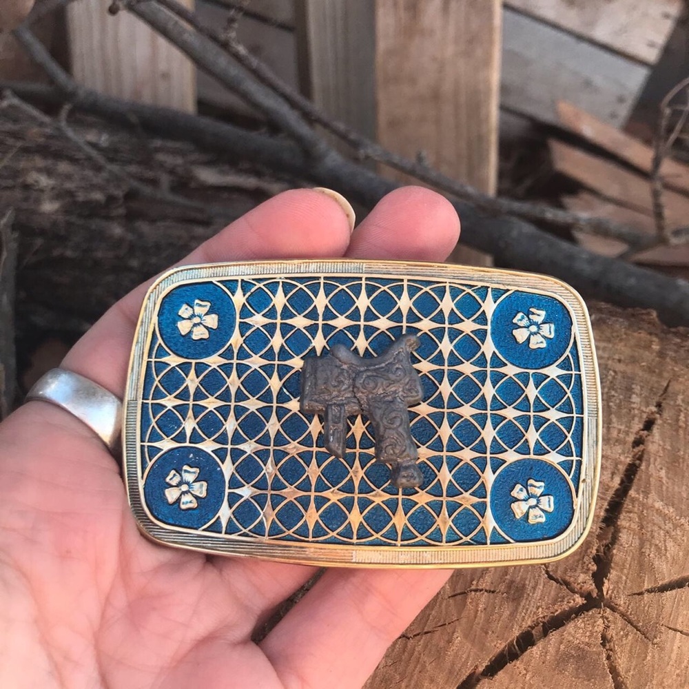 Vintage western blue and gold tone belt buckle